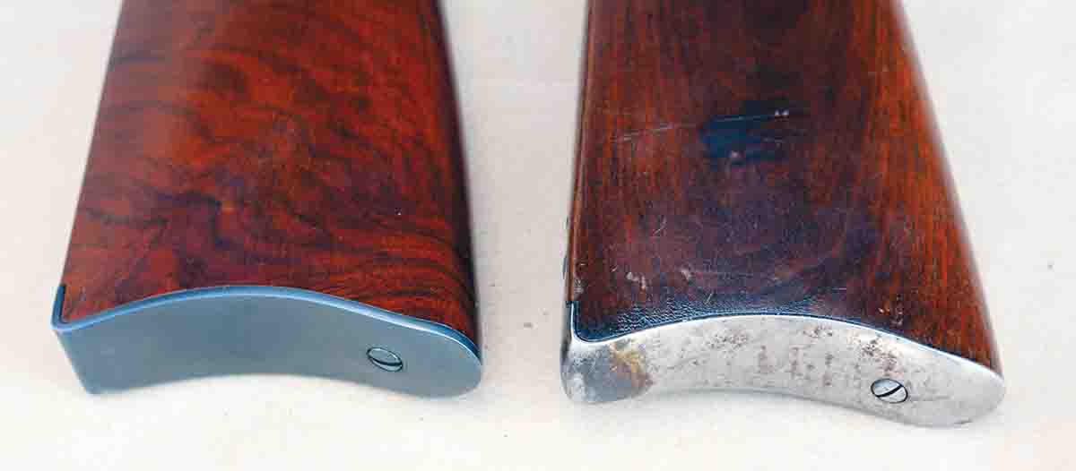 The Cimarron Uberti Model 1894 carbine’s steel buttplate (left) is similar in shape to the original Winchester Model 1894 carbine (right).